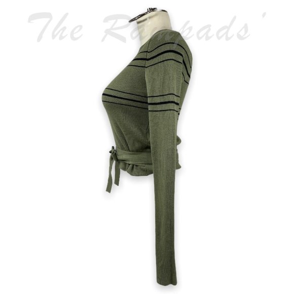 Zara Knit Olive Green with Black Wrap Tie Waist Top Size Small - Picture 6 of 10